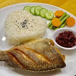 ข้าวหน้าปลานิลแดดเดียวน้ำพริกกะปิ