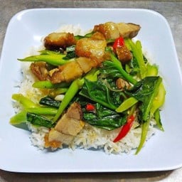 ผัดคะน้าหมูกรอบราดข้าว