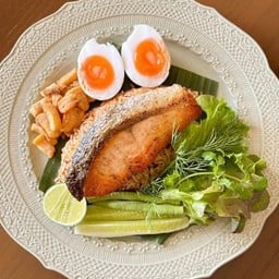 Chili Paste Fried Rice with Crispy Pork & Grilled Salmon Fillet