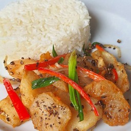 BLACK Pepper Fish Rice ข้าวปลาทอดพริกไทยดำ