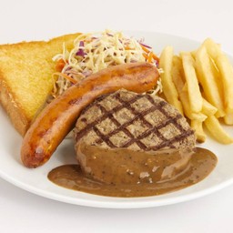 สเต็กเนื้อบด + ไส้กรอก