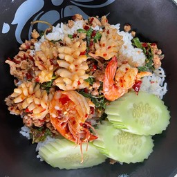 กระเพรารวมมิตรพริกแห้งไร้น้ำมันราดข้าว