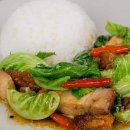 ผัดแขนง ราดข้าว