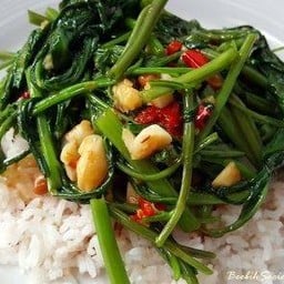 ผัดผักบุ้งราดข้าว