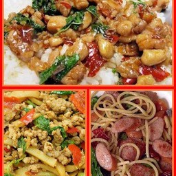 ข้าวกระเพรา ไก่+ ข้าวกระเพราหมูสับหน่อไม้ + สปาเก็ตตี้ไส้กรอก
