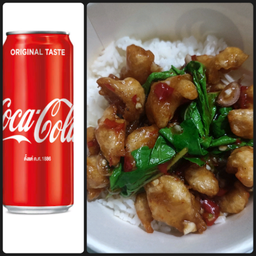 (อร่อยซ่ากับโค้ก) กะเพราราดข้าว+โค้กกระป๋อง