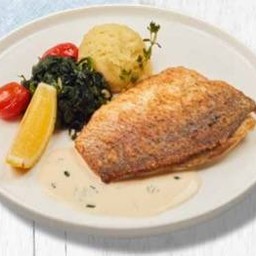 สเต็กปลากะพงขาวหนังกรอบ ซอสไทม์มะนาว