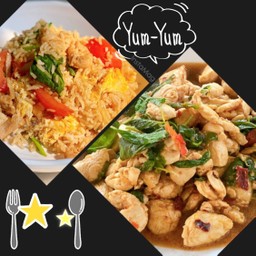 ข้าวผัดหมูโบราณ + กะเพราไก่ราดข้าว