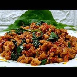 ข้าวหมูสับ ผัดใบยี่หร่า