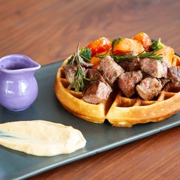 Waffle - cube cut beef, mustard mayo sauce, grilled veggie