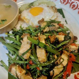 ผัดผักบุ้งไฟแดง (หมูกรอบ)+ไข่ดาว