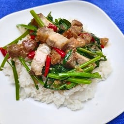 ข้าวผักบุ้งหมูกรอบ