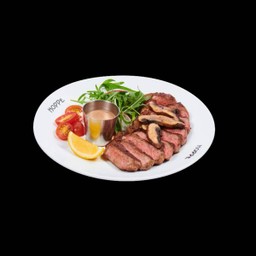 สเต๊กเนื้อสตริปลอยน์อาเจนตินาราดซอสทรัฟเฟิลและเห็ดพอร์โทเบโลย่าง