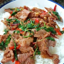 ข้าวราดกะเพราพริกแห้งหมูนุ่ม