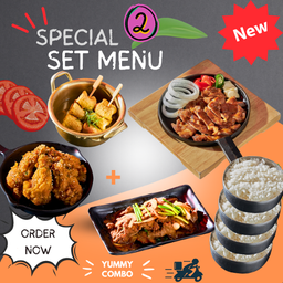 เซ็ทเมนู 2: หมูโคชูจังย่าง+ไก่ทอดการ์ลิค+หมูผัดบูลโกกิ+ออมุก+ข้าวญี่ปุ่น x 4