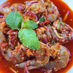 ยำกุ้งสดน้ำพริกเผา+หอมเจียว