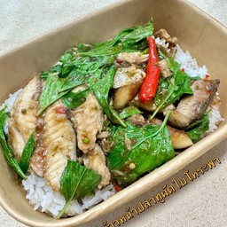 ข้าวหน้าปลาทูผัดใบโหระพา