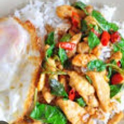 Basil Chicken With Rice And Fried Egg