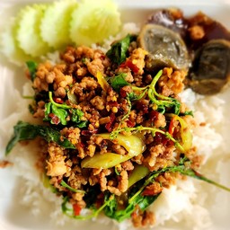 ข้าวกระเพราหมูไข่เยี่ยวม้า