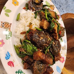 กระเพรา เยี่ยวม้า+หมูกรอบ