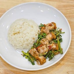 หมูกรอบผัดกะเฉด ราดข้าว.