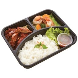 [ เซตอิ่มเดี่ยว 3 ] บล็อกโครี่ผัดกุ้ง+หมูร้อง+ข้าวสวย