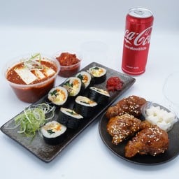 Set1 คิมบับ 1โรล+ไก่ทอด3ชิ้น+ซุปกิมจิหมูสามชั้น+เครื่องดื่ม