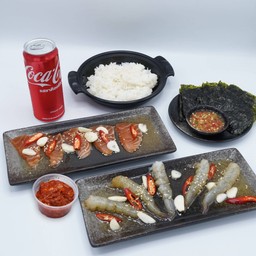 Set5 กุ้งดองซีอิ้วเกาหลี+แซลมอนดองซีอิ้วเกาหลี+ข้าว+เครื่องดื่ม