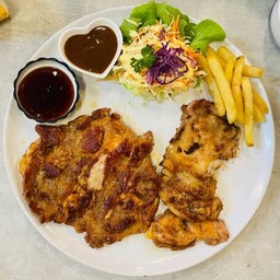 สันคอหมูบาร์บีคิว+สะโพกไก่พริกไทยดำ🐷🐓