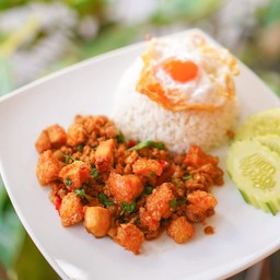 กระเพราหมูสับกากหมู+ไข่เป็ดดาว