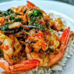 ผัดกระเพรากุ้ง(ราดข้าว)