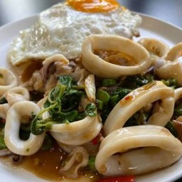 ผัดกระเพราปลาหมึก+ไข่ดาว