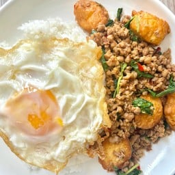 ข้าวกะเพราหมูสับเต้าหู้ไข่ + ไข่ดาว