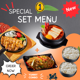 เซ็ทเมนู 1: ซุปกิมจิเต้าหู้หมู+หมูสามชั้นย่าง+จับแซ+ข้าวญี่ปุ่น x 2