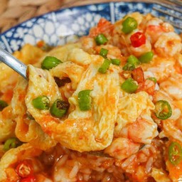 ไข่ข้น+กุ้งราดน้ำจิ้มสุกี้