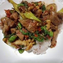 กระเพราเครื่องในไก่ราดข้าว