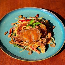 Spaghetti with dried chilli soft shell crab