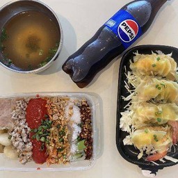 เย็นตาโฟต้มยำแห้ง+เกี๊ยวกุ้ง+น้ำอัดลม