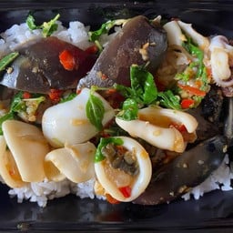 ข้าวกระเพราไข่เยี้ยวม้าปลาหมึก