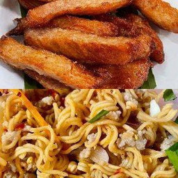 ยำมาม่าหมูสับ+หมูทอด(เนื้อล้วน)+ข้าวเหนียว1