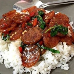 Stir Fried Basil With Chinese Sausage On Rice