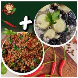 กะเพราหมูสับราดข้าว + แกงจืดเต้าหู้หมูสับ สาหร่าย
