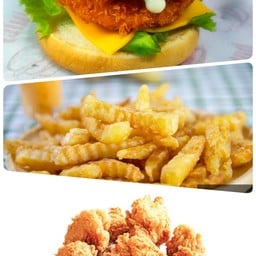 T3 เบอร์เกอร์กุ้ง+ชีส เฟรนซ์ฟรายส์และไก่ป็อบ ทริปเปิ้ลเชต