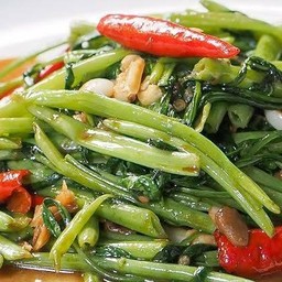 ข้าวราดผัดผักบุ้งไฟแดง (เลือกเนื้อสัตว์ได้เลย)