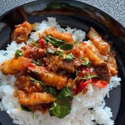 ผัดพริกแกงหมูกรอบ ราดข้าว