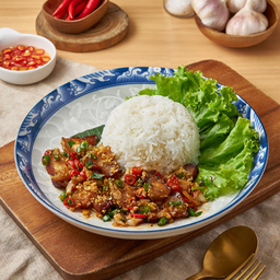 หมูกรอบผัดพริกเกลือราดข้าว
