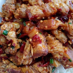 [อร่อยซ่ากับโค้ก] ข้าวราดหมูกรอบคลุกฝุ่น +  โค้ก ออริจินัล (กระป๋อง)