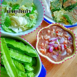 น้ำชุปหยำกุ้งสด..พร้อมผัก.น้ำพริกกะปิมีปลาทูทอด1ตัวพร้อมผัก