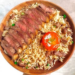 ข้าวผัดมันเนื้อ หน้าเนื้อสเต็ก Picanha 150g ไข่ดอง