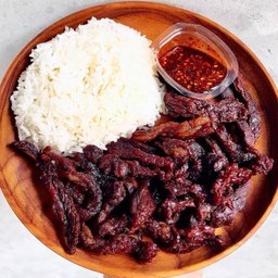 ข้าวหน้าเนื้อแดดเดียว 100g ทอดจิ้มแจ่ว